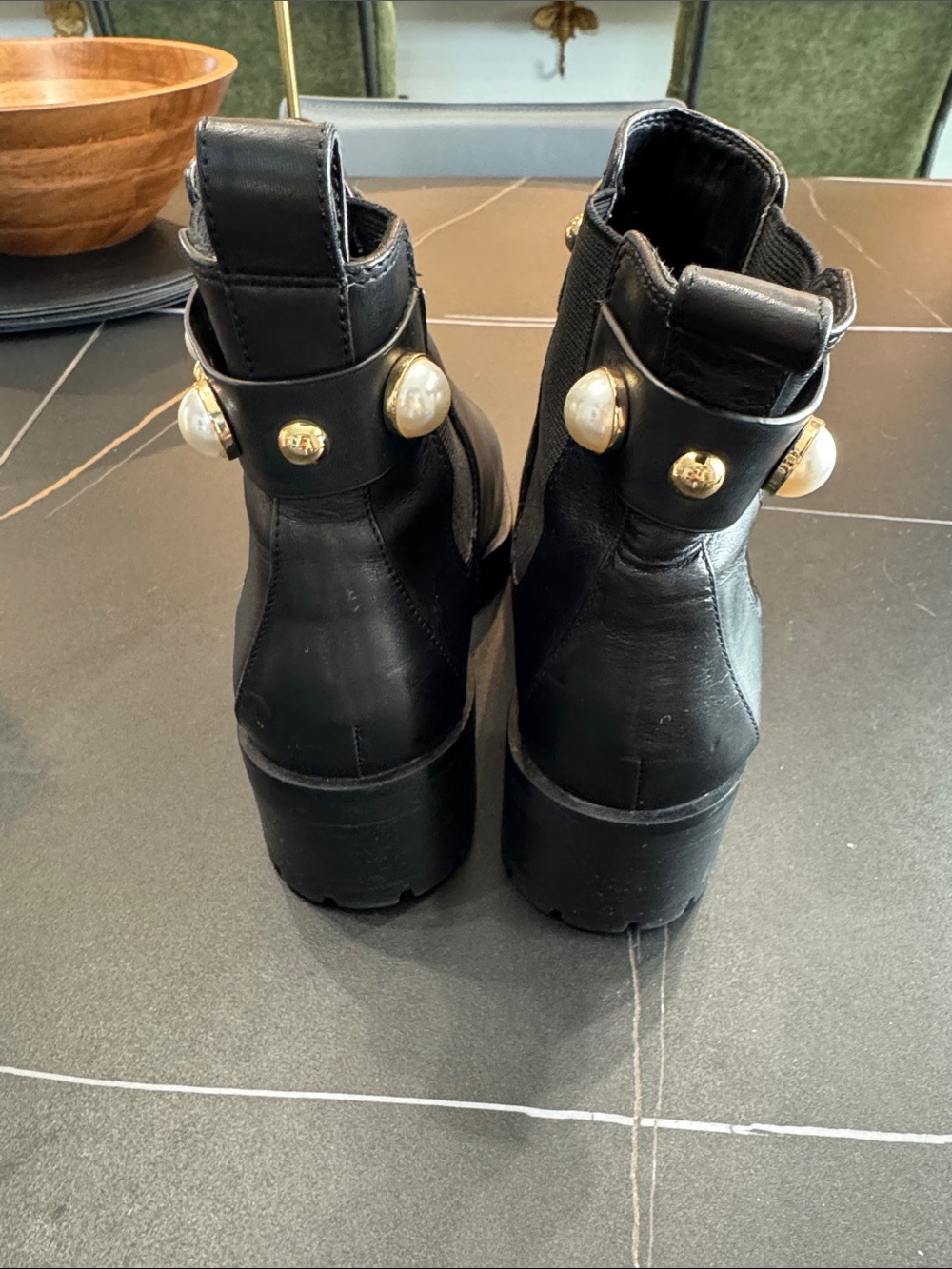 Karl Lagerfeld Black Leather Ankle Boots with Pearl Studs - Picture 4 of 8